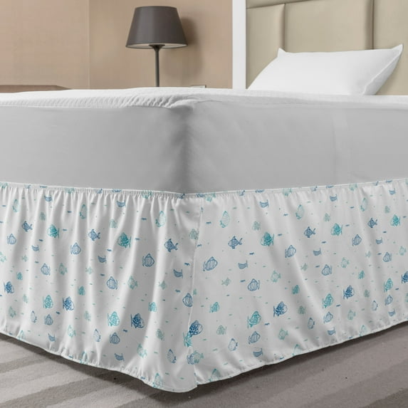 Nautical Bed Skirt, Marine Theme Fish Colony in Childish Style Underwater Life Simple Monochrome, Elastic Bedskirt Dust Ruffle Wrap Around for Bedding Decor, 4 Sizes, Sky Blue White, by Ambesonne