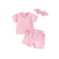thumbnail image 2 of Musuos Toddler Girls Casual Shorts Set, 6 12 18 24M 3Y Solid Color Short Sleeve T-shirt with Elastic Waist Shorts with Hairband 3 Piece Summer Set, 2 of 10