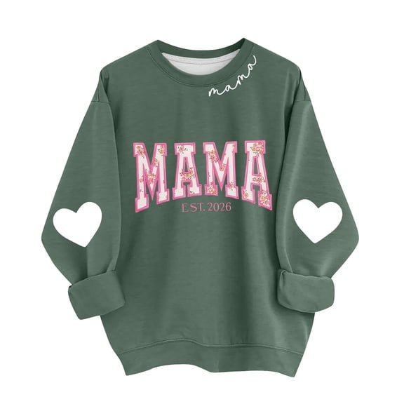 Women's Mama Printed Crewneck Sweatshirt Long Sleeve Drop Shoulder Heart Graphic Casual Loose Fit Tops (XL, Pink)