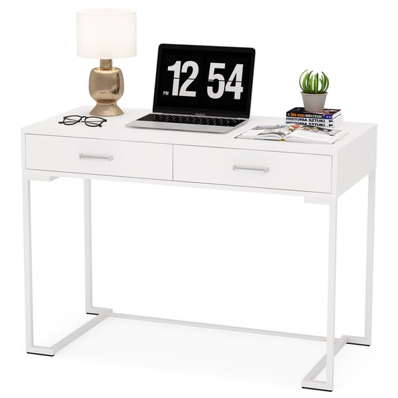 Computer Desk with Drawers, White and Gold Writing Desk Desk with 2 Drawers, Simple and Modern White Desk, White