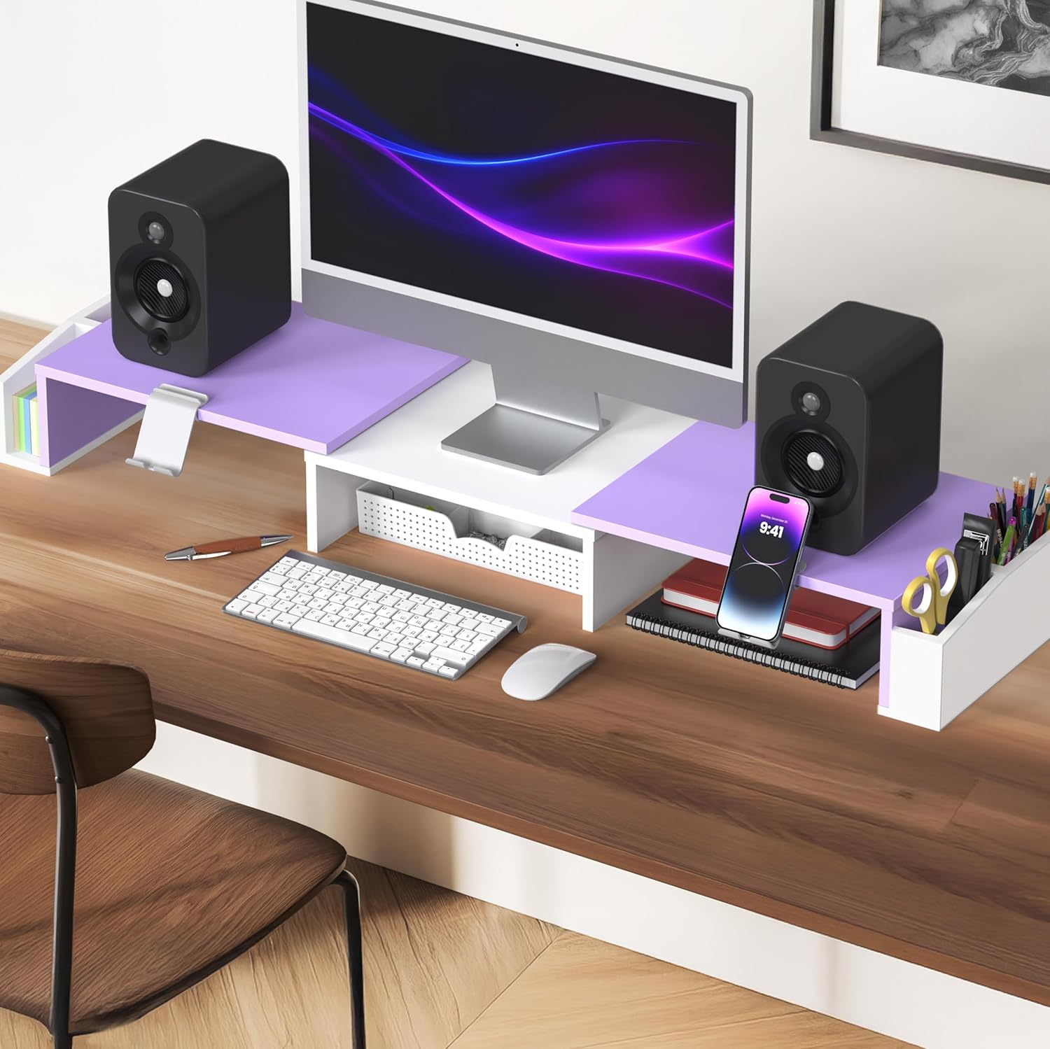 Vintage Wooden Dual Monitor Stand Riser with Storage Drawer