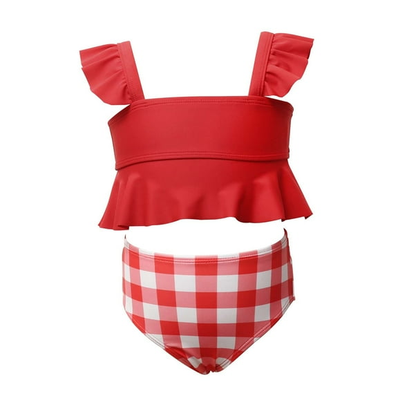 Fesfesfes Baby Girls' Summer Ruffle Solid Color Plaid Split Swimsuit Children's Sleevless Swimwear for Family Vacations and Sunny Days 2-12Years(Red,4-5 Years)
