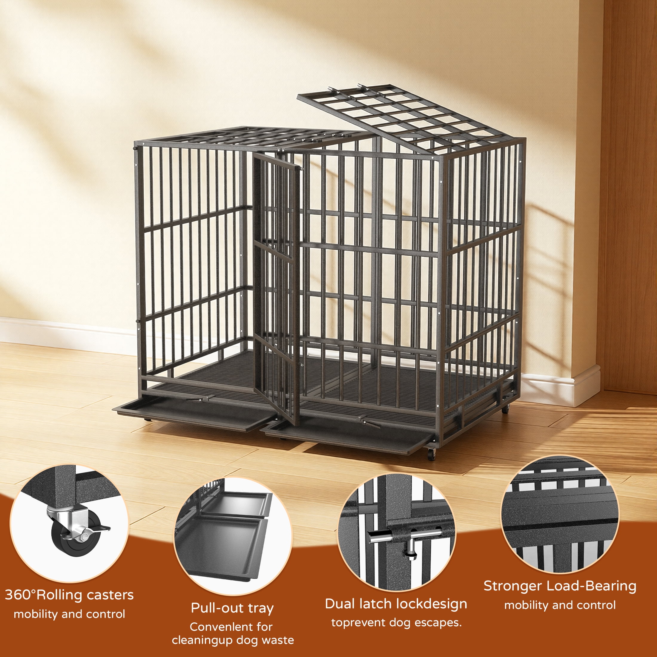 YOKWOK 54 Inch Heavy Duty Dog Crate, Indestructible Steel Chew & Escape Proof Dog Cage for Large High Anxiety Dogs, XXL Metal Dog Kennel with Locking Wheels, Removable Tray, Indoor Use