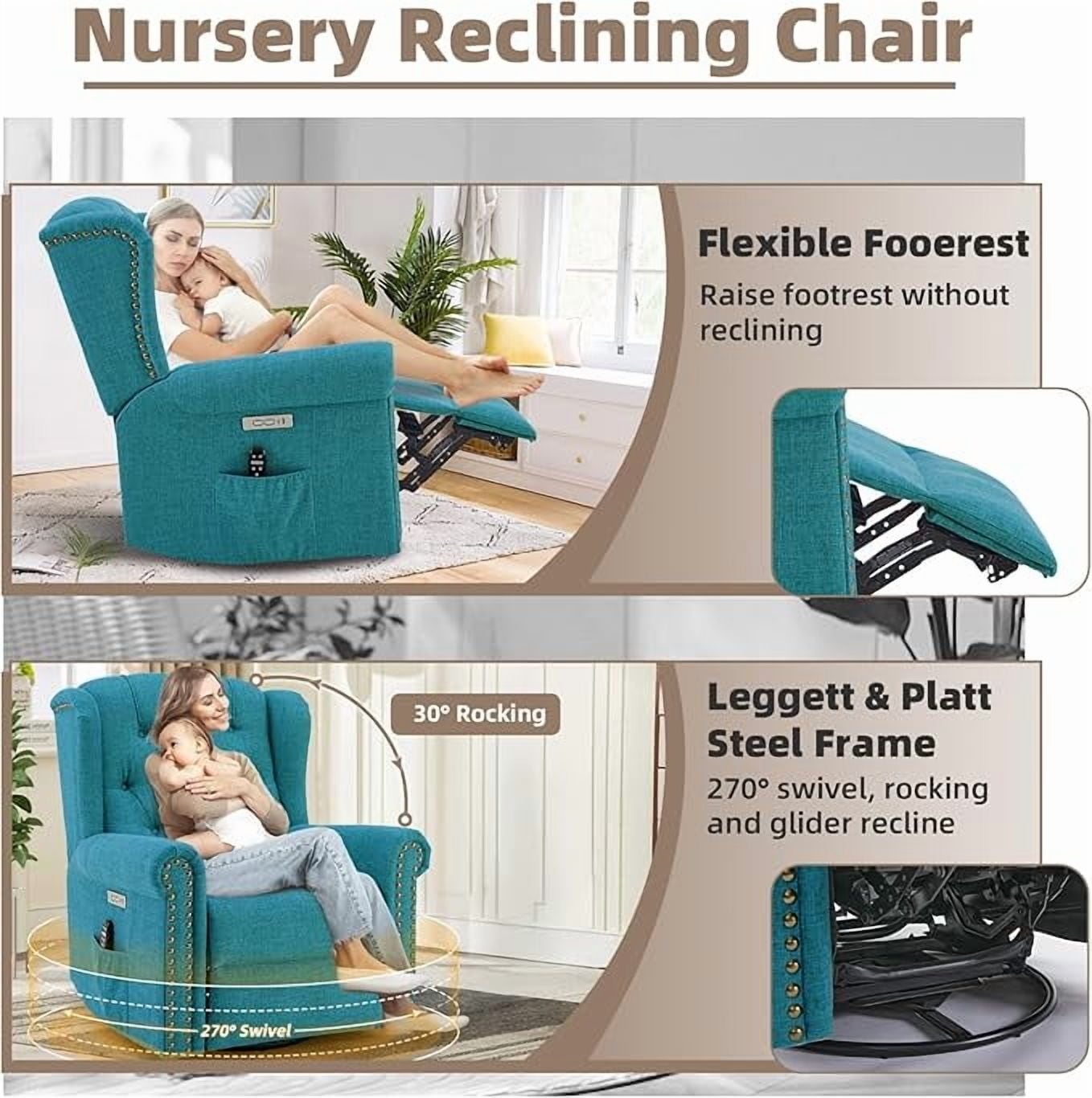 EPICOZY Power Swivel Rocking Glider Recliner Chair with Massage and Heat, Electric Nursery Glider Rocker for Living Room, Wingback Tufted Upholstered Recliner Chair with Type-C & USB Ports, Teal