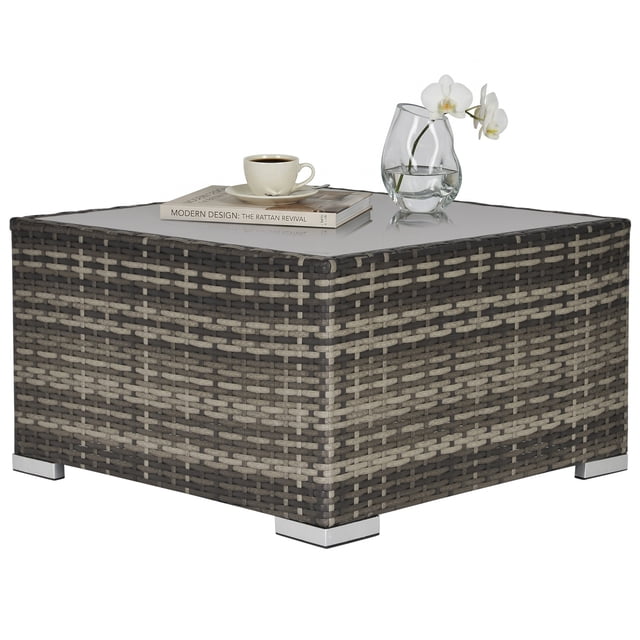 Outsunny Table Basse de Jardin en Rotin avec Dessus en Verre Trempé, Gris Foncé