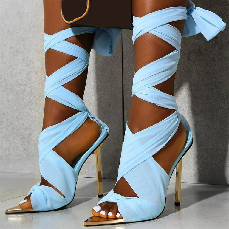 KBODIU Women's Strappy Heels Candy Pointed Sexy Stiletto Sandals 12 cm Fashion High Heels Lace Up Shoes Blue 35 - Walmart.com