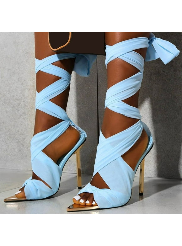 KBODIU Women's Strappy Heels Candy Colored Pointed Sandals Sexy Strappy Stiletto Sandals 12 cm Fashion High Heels Lace Up Shoes Blue 35