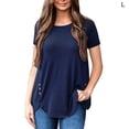 thumbnail image 4 of Femmes T-shirt Couleur Unie Bouton Haut Rond Femmes Col Rond Manches Courtes Chemisier, Bleu Foncé, L, 4 of 5