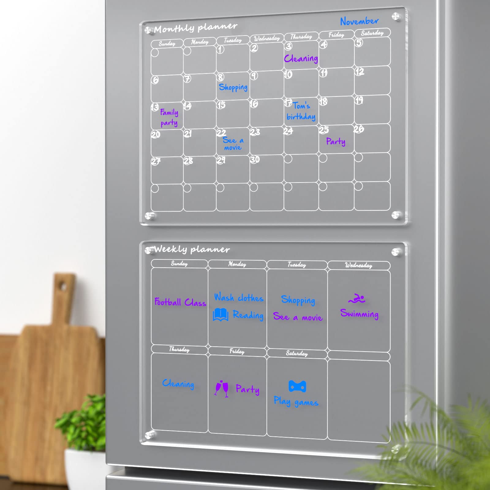 Acrylic Magnetic Dry Erase Board,MOOACE Adhesive Calendar Planner Board for  Fridge and Wall Set of 2,Includes 6 Magnetic Markers with 3 Colors,Pen