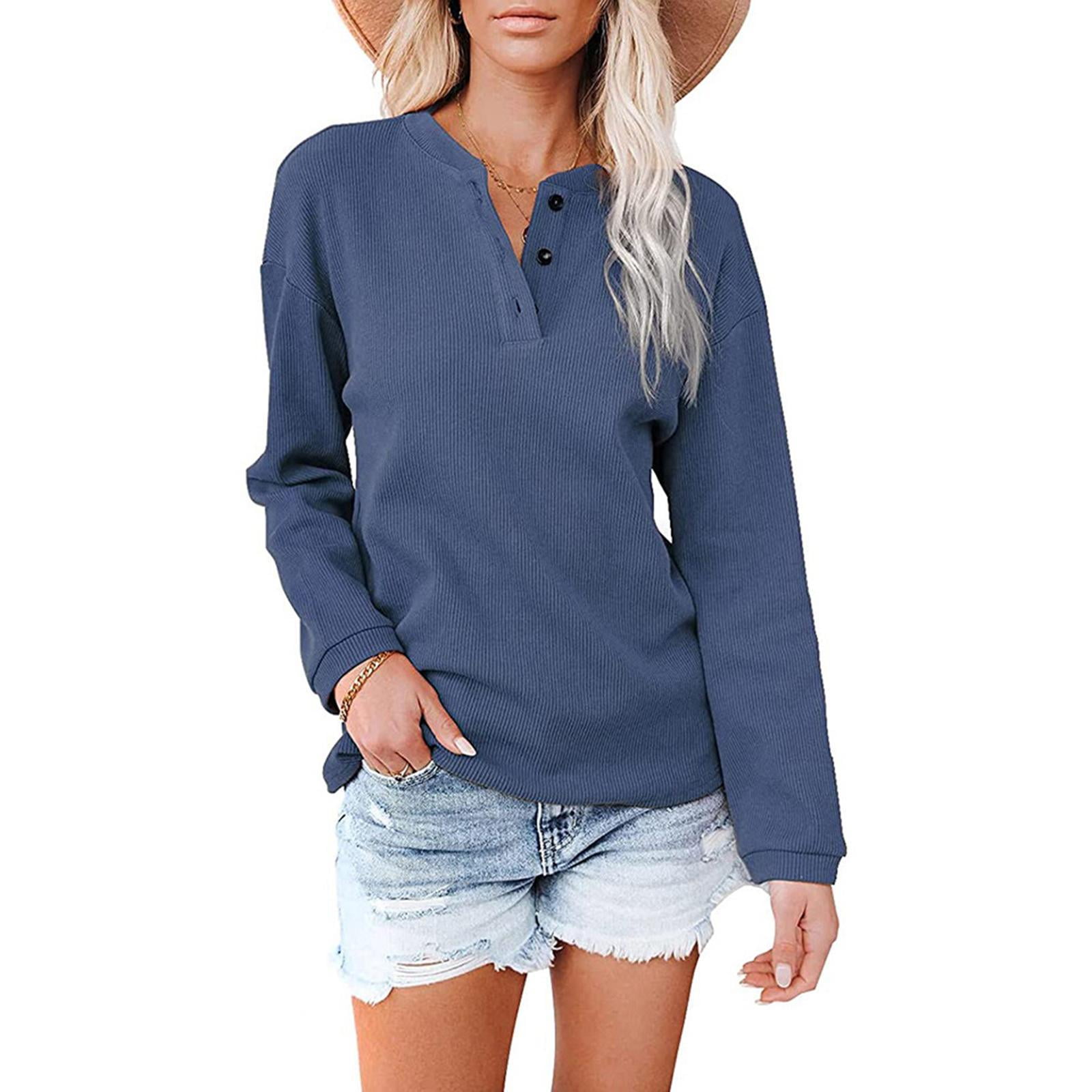 Womens Waffle Knit Tunic Tops Loose Long Sleeve Button up V Neck Henley ...