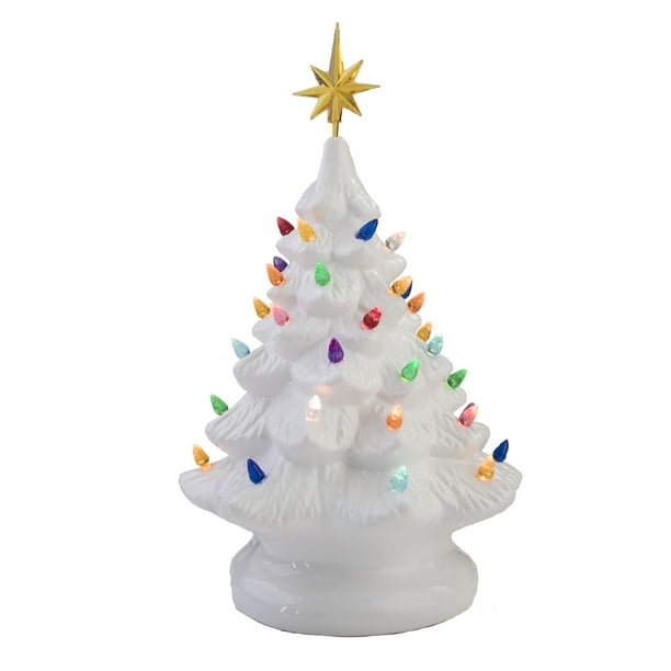 Ceramic Painted Light Up Christmas Tree with Ornaments and Star Holiday