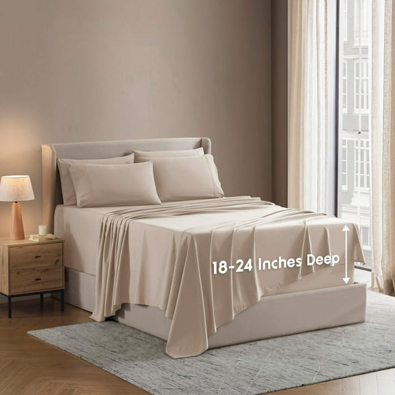 LammaLoe Extra Deep Pocket Queen Sheets set, Fits 18"-24" Mattress, 6 Piece Soft Microfiber Bed Sheet Sets, Beige Cream