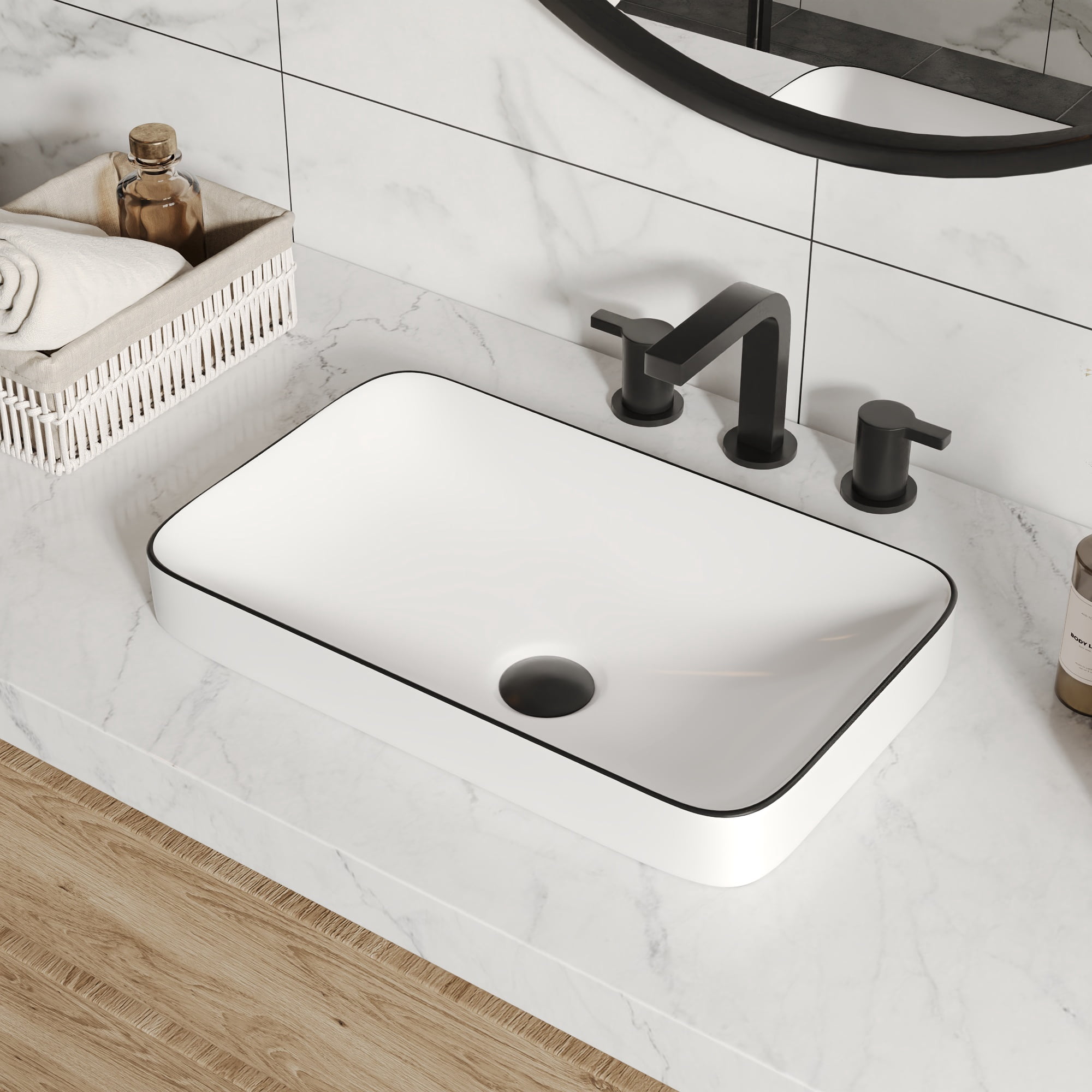 DV-1V0235 DeerValley Ally 19'' x 12'' Drop-In Bathroom Sink Semi-Recessed Vessel Sink Rectangular Above Counter Basin