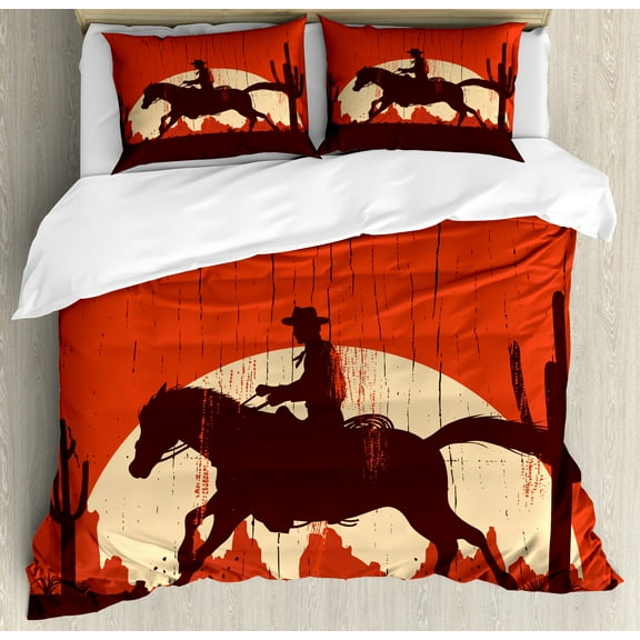 Western Horse Duvet Cover Set, Grunge Graphic in Vintage Style of Horseback Riding Cowboy, Decorative 3 Piece Bedding Set with 2 Pillow Shams, Calking Size, Vermilion and Pale Peach, by Ambesonne