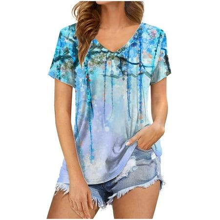 

Blouses for Women Fashion 2023 Fashion Woman Causal V-Neck Printing Blouse Short Sleeve T-Shirt Summer Tops Vintage Tees for Women Blue XL