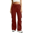 thumbnail image 4 of Cargo Sweatpants for Women with Multiple Pockets Wide Leg Sweat Pants Winter Warm Fleece Lined Women's Pants Red M, 4 of 6