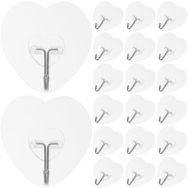 KAKOWELY transparent ceiling hooks 20pcs Heart Shaped Decorative Wall Hooks Transparent Strong Adhesive Wall Hooks For Home Kitchen Bathroom No Nail Utility Ceiling Hooks