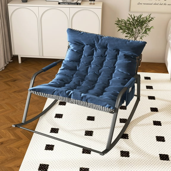 PORKISS Rocking Chair, Upholstered Glider Rocker Accent Ergonomic Lounge Chair, Recliner Armchair with Side Pocket, Comfy Side Living Room Chairs, Blue