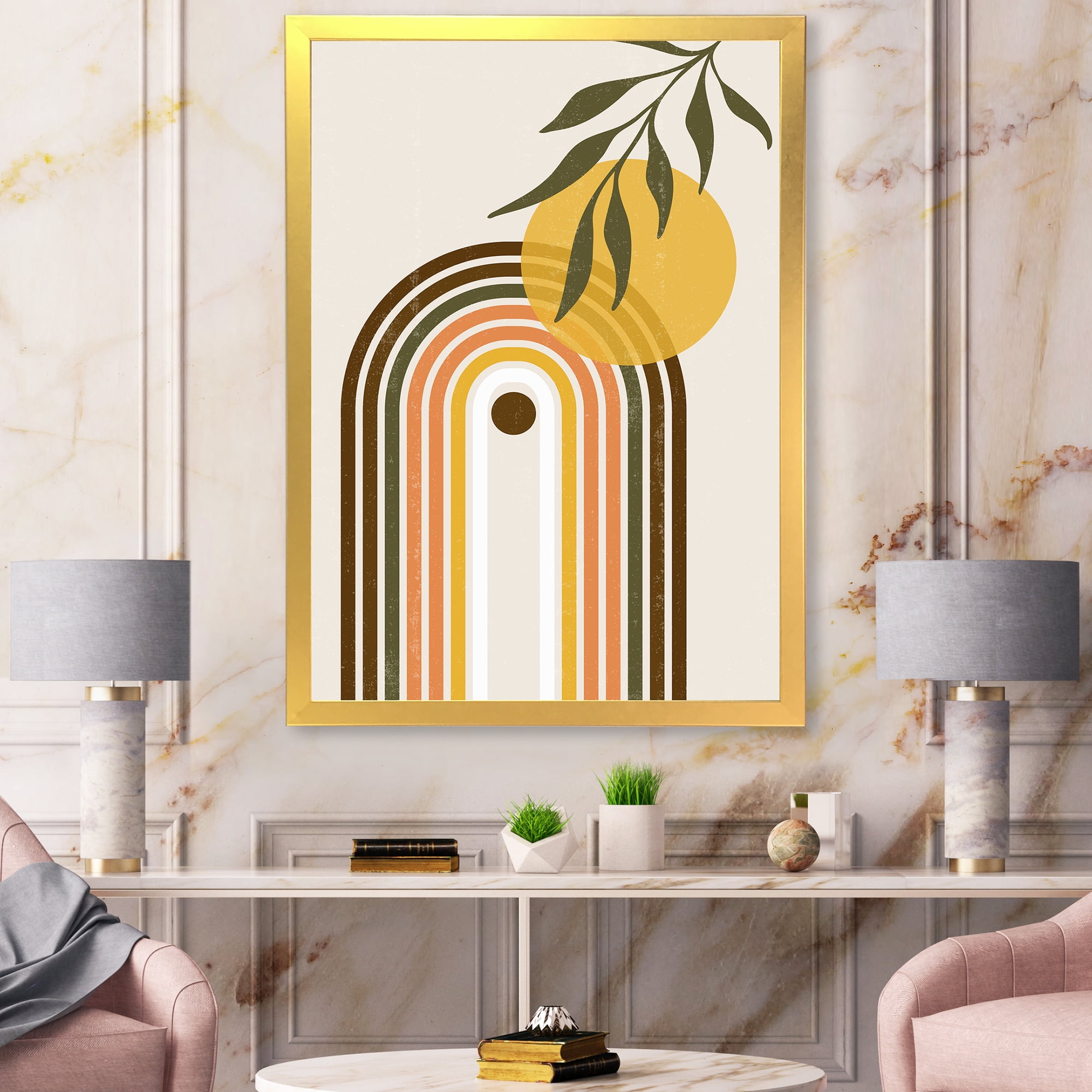 Designart 'Abstract Retro Rainbow With Yellow Sun' Modern Framed Art Print