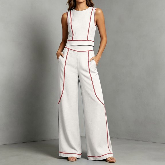 Womens 2 Piece Color Blocked Suits Sleeveless Crew Neck Tops Wide Leg High Waist Trousers Summer Comfy Fashion Set White XXXL