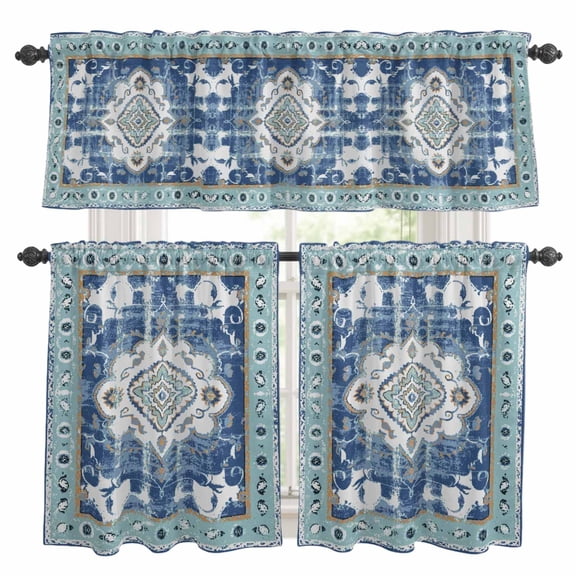 Blue Boho Kitchen Curtains Sets for Windows 36 Inch Length, Farmhouse Bohemian Medallion Oriental Flower Rod Pocket Window Treatments Tier Curtains and Valances Set for Bedroom/Bathroom