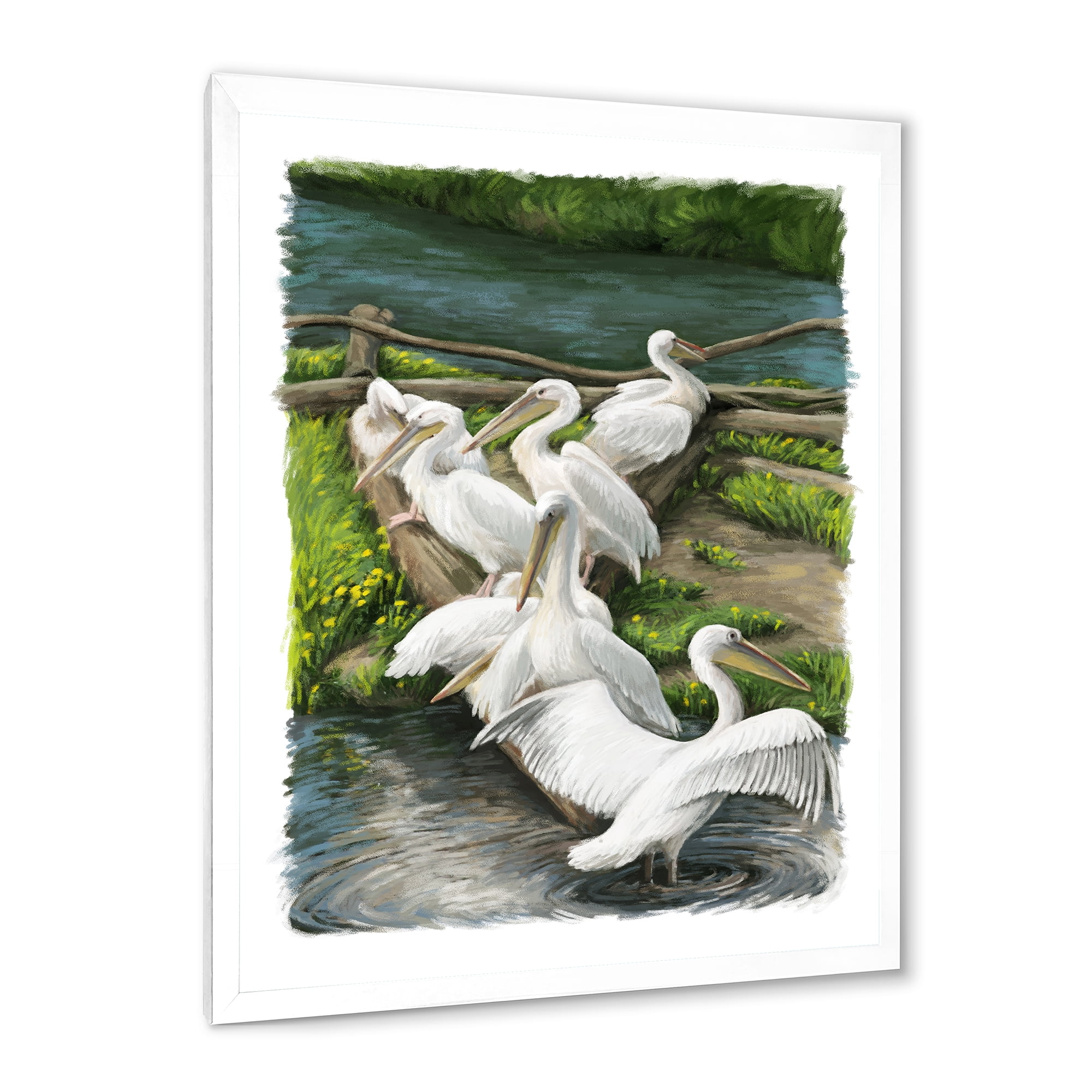 Designart 'Pelicans Resting Near The river Water' Traditional Framed Art Print
