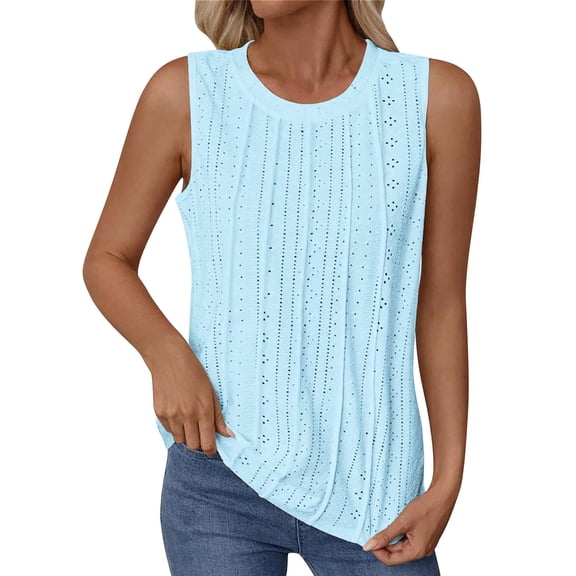 Sevevn Women's Eyelet Pleated Sleeveless Tank Top Lightweight Crew Neck Casual Cami for Summer Light Blue 2XL