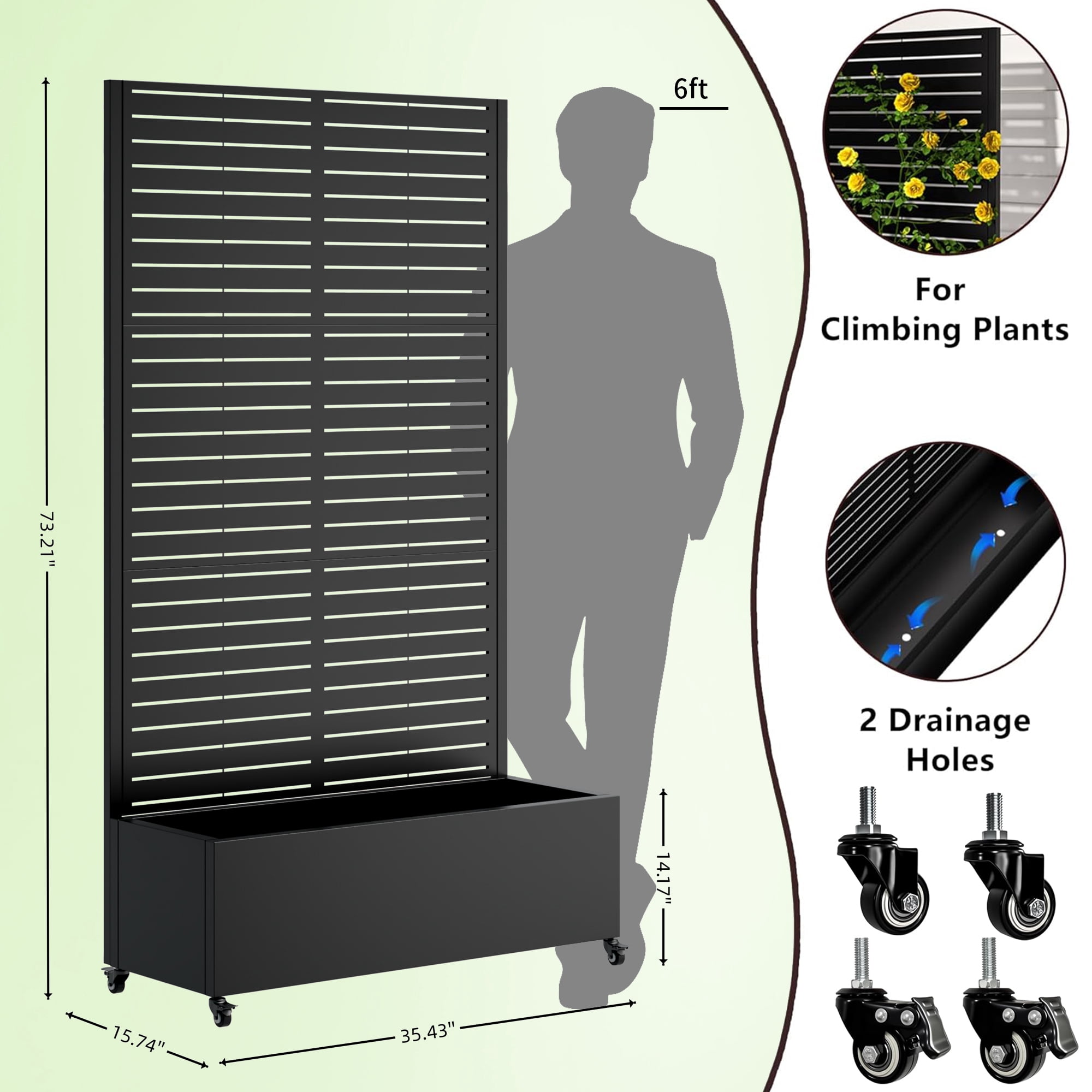 73"×35"×16" Galvanized Metal Raised Garden Bed with Trellis & Lockable Wheels, 12" Deep Planter Box with Drainage Holes & Privacy Screen for Climbing Plants Vegetables Vines Outdoor Patio Yard