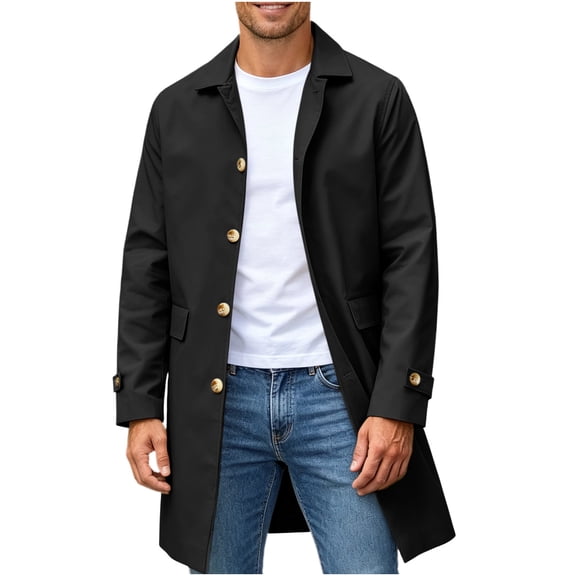 Mens Trench Coat Lapel Button Down Long Jacket,Warm Windproof Fall Winter Daily Casual Comfy Wear with Pocket,Mid Length Outwear,Black,L