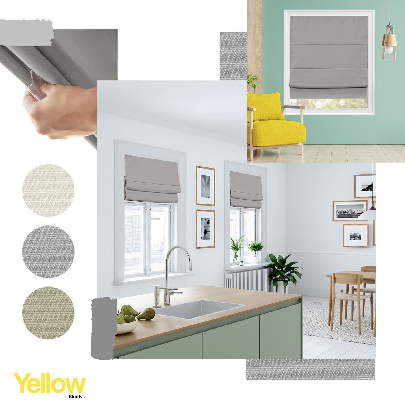 Yellow Blinds Cordless Blackout Roman Shade, Del Mar Pearl Grey - 35"W X 64"H