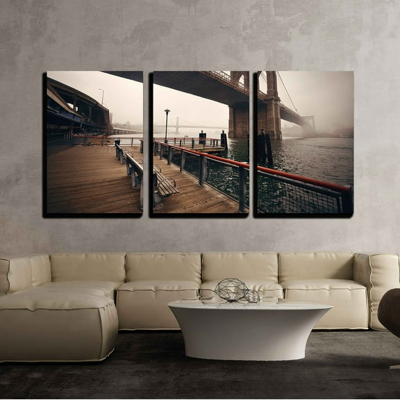 wall26 - 3 Piece Canvas Wall Art - Brooklyn Bridge in a Foggy Day in Downtown Manhattan - Modern Home Art Stretched and Framed Ready to Hang - 16"x24"x3 Panels