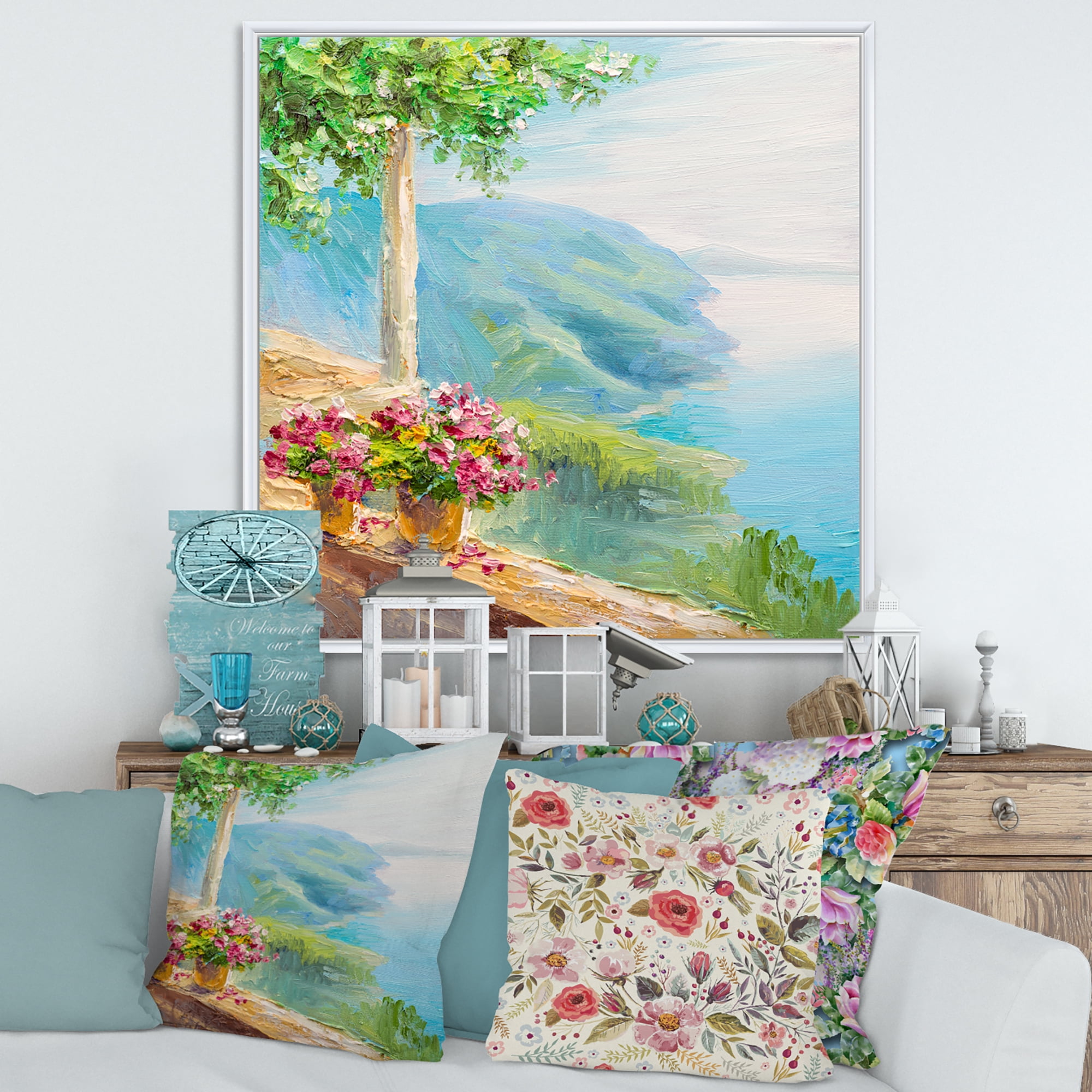 Designart 'House With Colorful Flowers Near The Sea V' Nautical & Coastal Framed Canvas Wall Art Print
