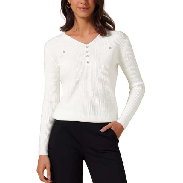 INSPIRAR CHIC Blusa de Mujer Otoño Invierno de Manga Larga Cuello en V Elegante de Punto Acanalado XL Blanca