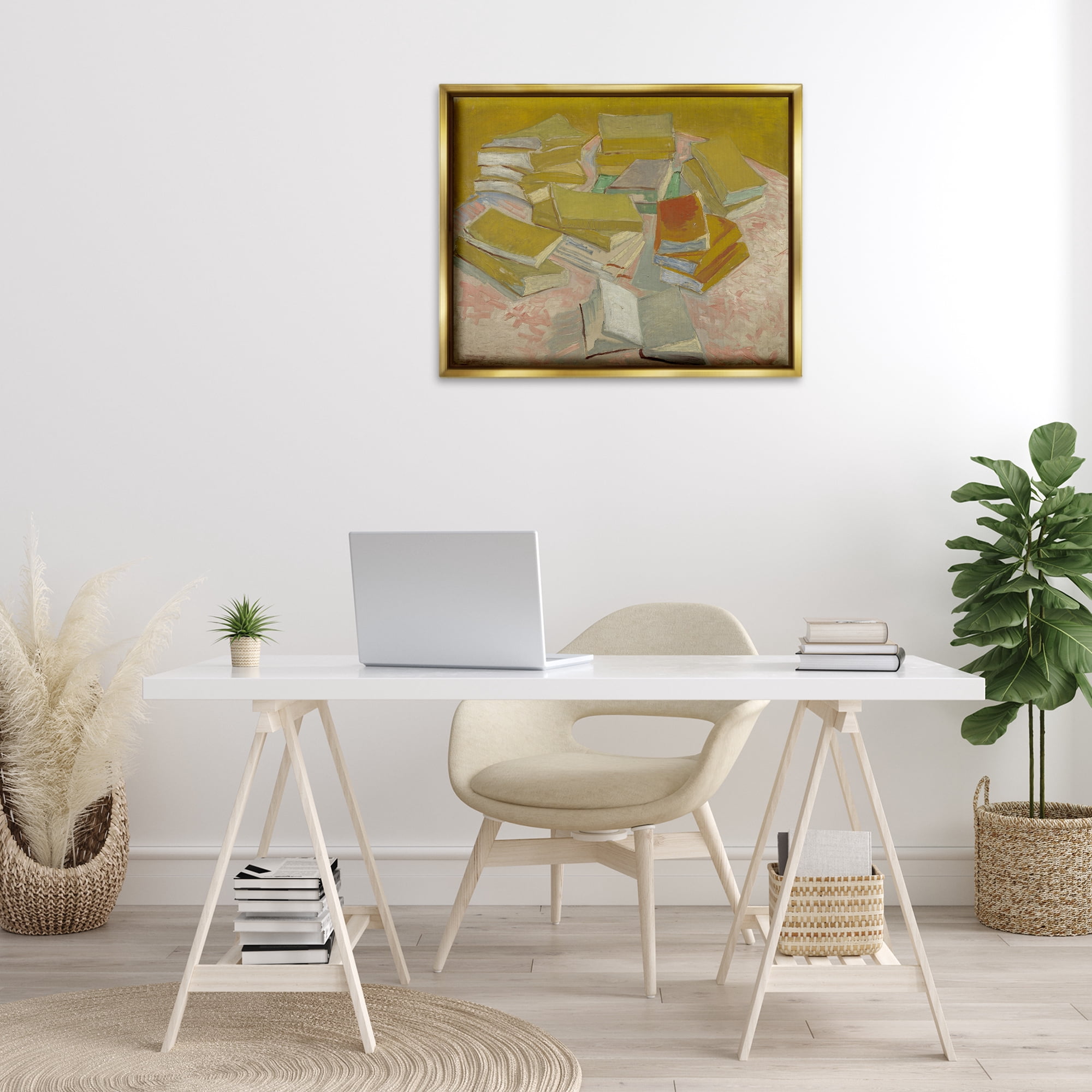Stupell Industries Classical Piles of French Novels Education Painting Gold Floater Framed Canvas Art Print Wall Art, 31 x 25