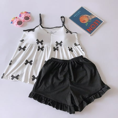 

DanceeMangoo Short Sleeveless Pajamas Set with Chest Pad 2Pcs Set Women Sleepwear Sexy Homewear Women Pyjamas Set Short Pant