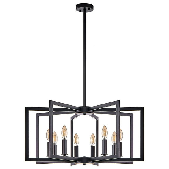 27" Modern 8-Light Black Chandelier, Geometric Metal Pendant Light Fixture for Kitchen Island, Dining Room, Entryway, or Foyer, Industrial Hanging Farmhouse Ceiling Light, Bulbs Not Included