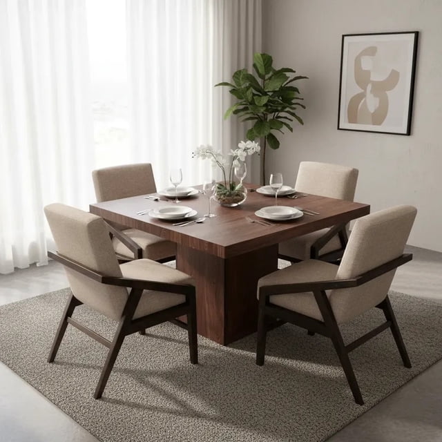 Comedor Denver 4 Sillas, Lino Beige, MDF UV, 120x120 cm, SALVANTO