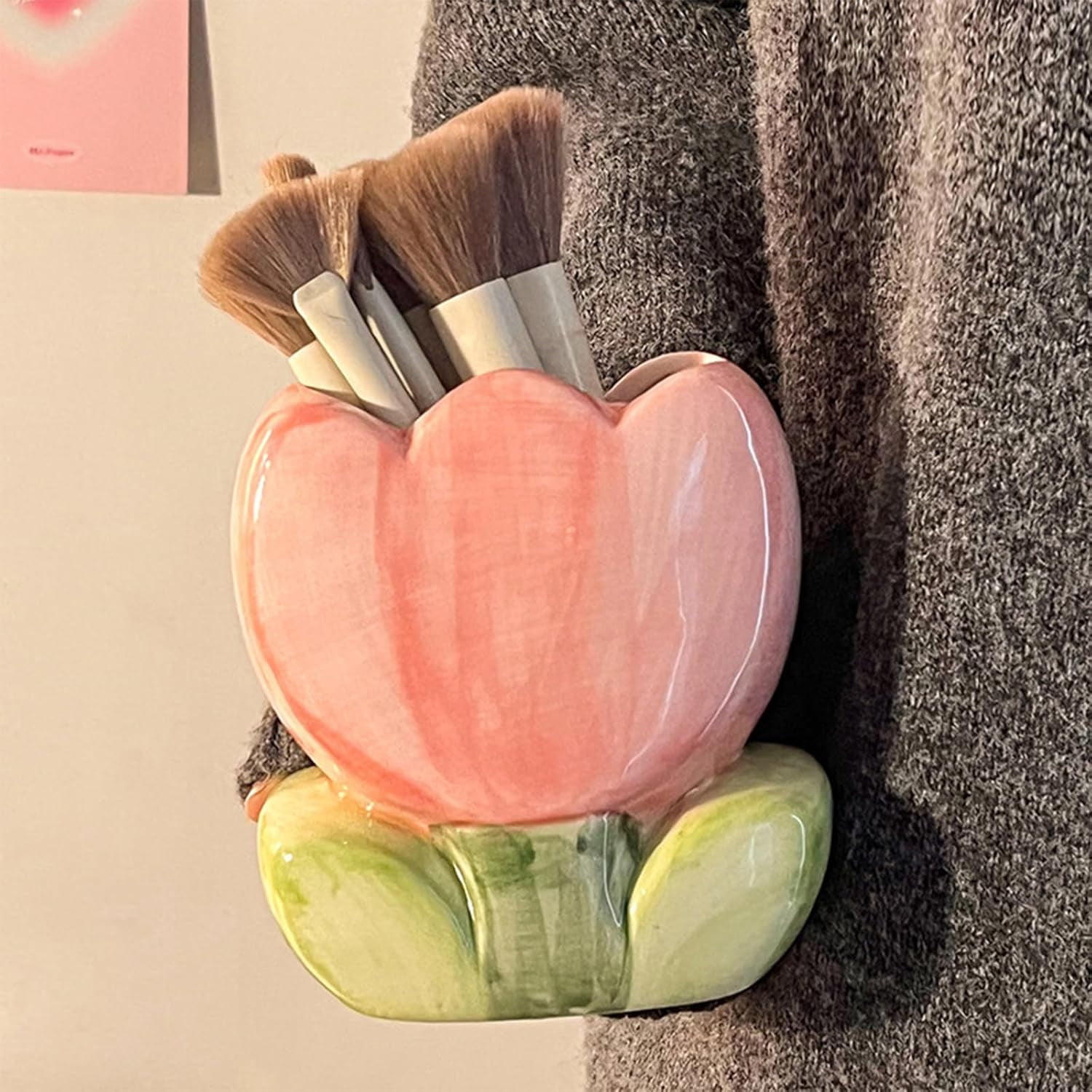 Pen Holder for Desk Tulips Vase Decor Aesthetic Cute Toothbrush Holder Pencil Holder for Office Makeup Brush Holder Yellow Kawaii Desk Accessories Home Decor Birthday Gifts for Women