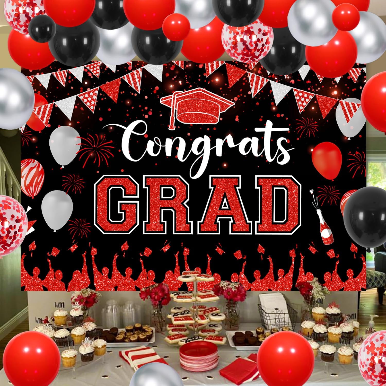 Congnats Grad Theme Party Decorations, Red and Black Graduation Party Decorations 2024 with Red Black Balloon Arch Garland kit, Graduation theme backdrop for Graduation Decor Birthday Anniversary