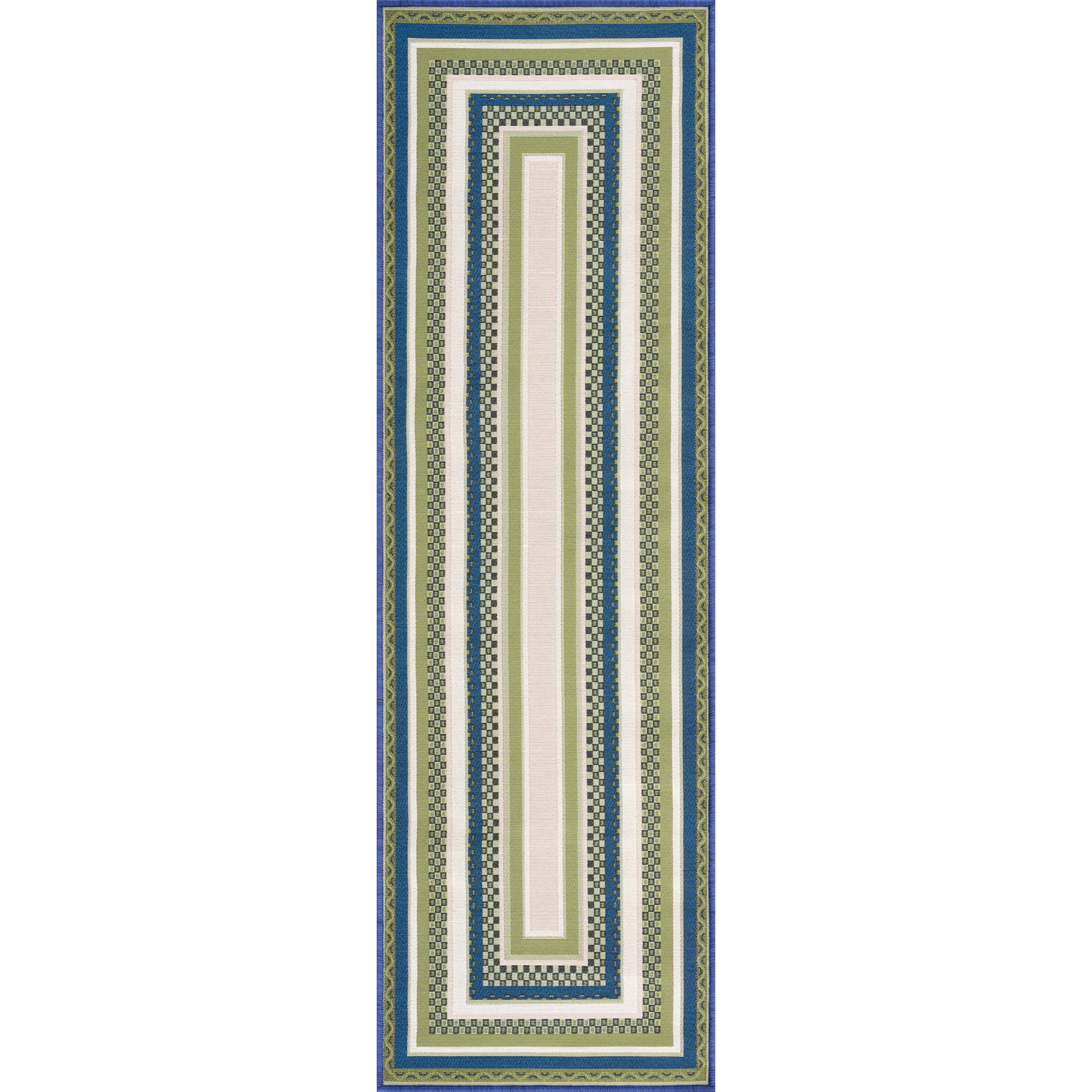 Stunning Contemporary 2' x 7' Green and Blue Polypropylene Outdoor Area Rug