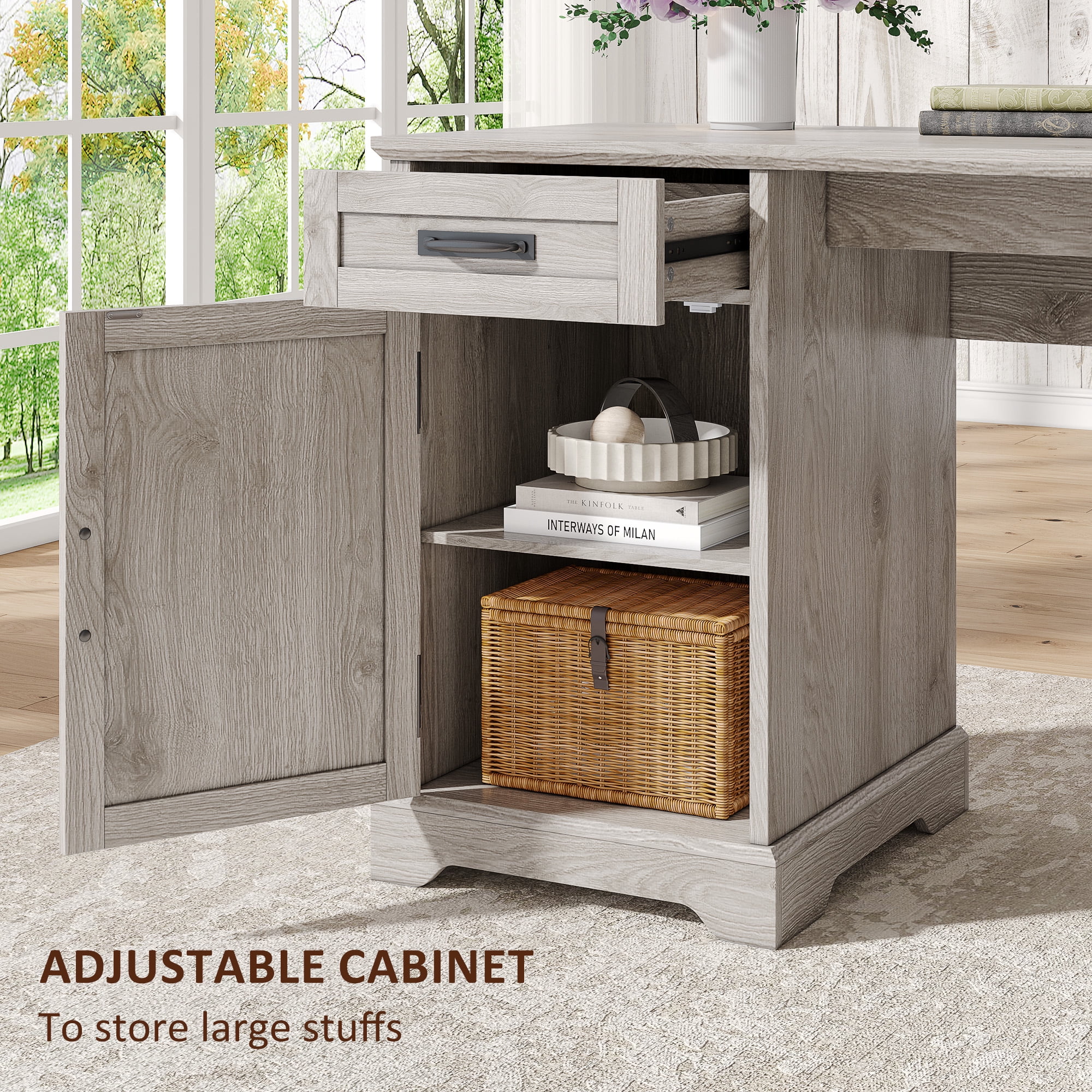 67'' Farmhouse L Shape Desk with File Drawers and Charging Station for Home Office, Light Wash Gray