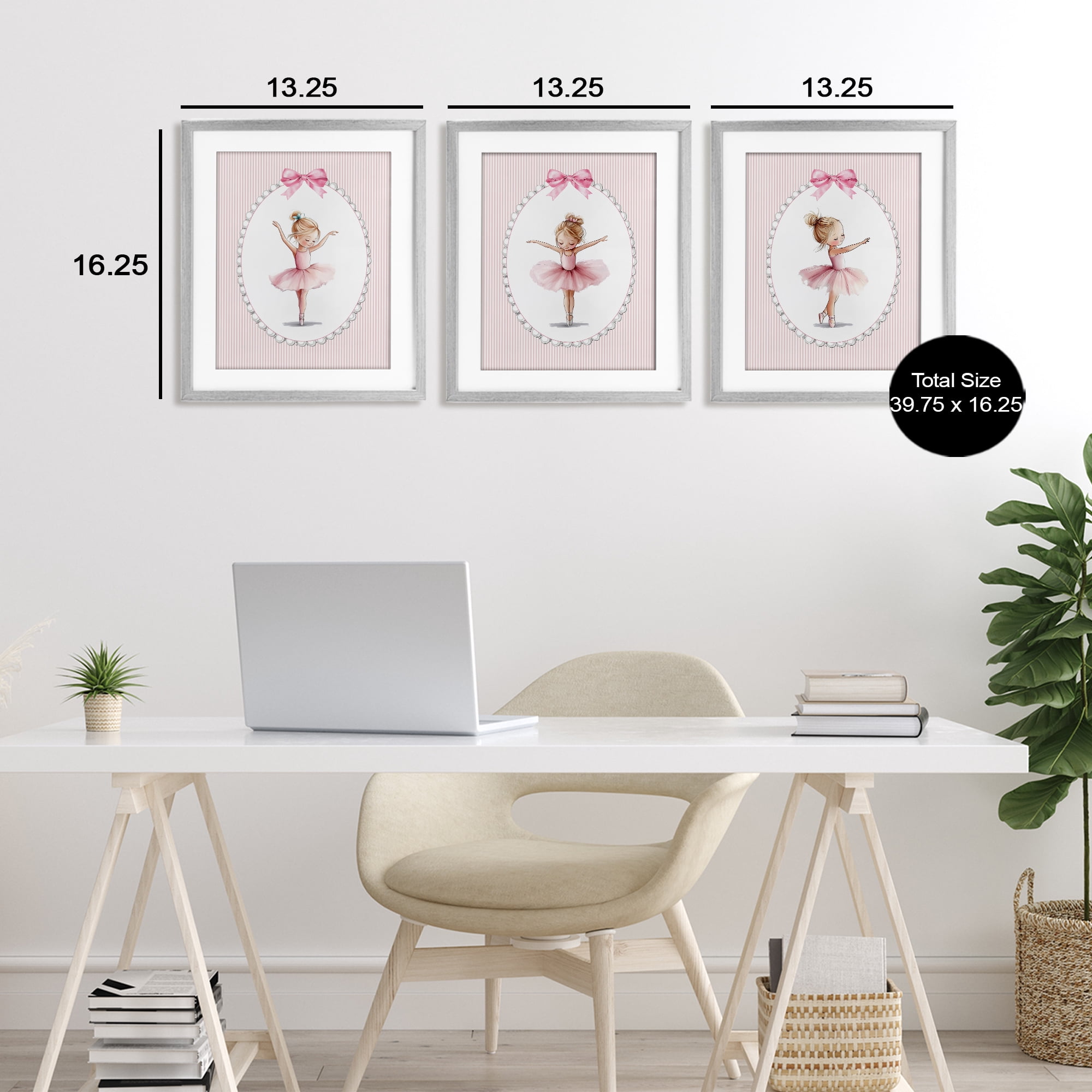 Stupell Industries Dancing Ballerinas in Pink 3 Piece Gray Framed Print Under Glass Set, design by Christine Simpson Art