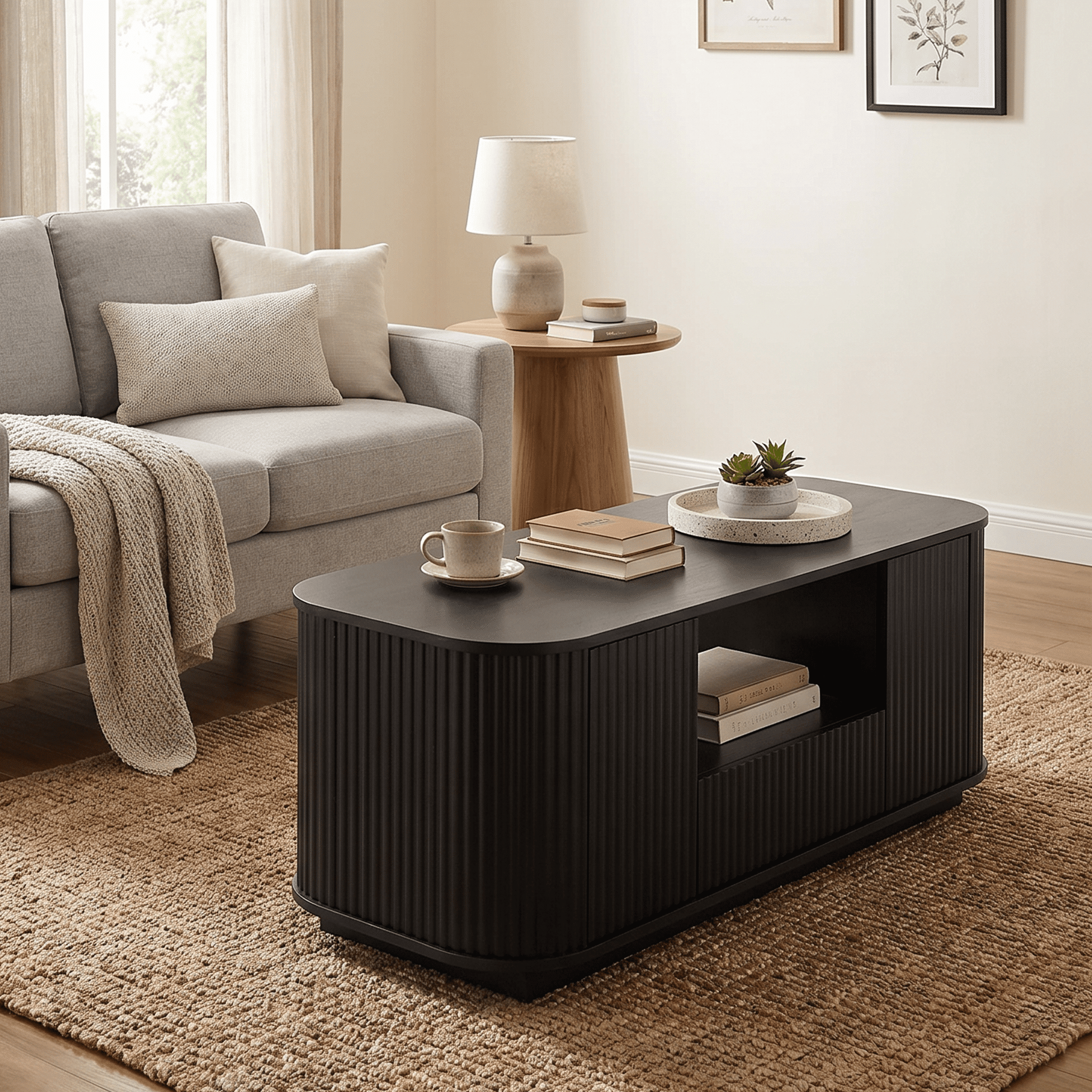 Homy Casa 46.5 in Modern Rounded Coffee Table with Drawer Cabinet Storage for Living Room Black