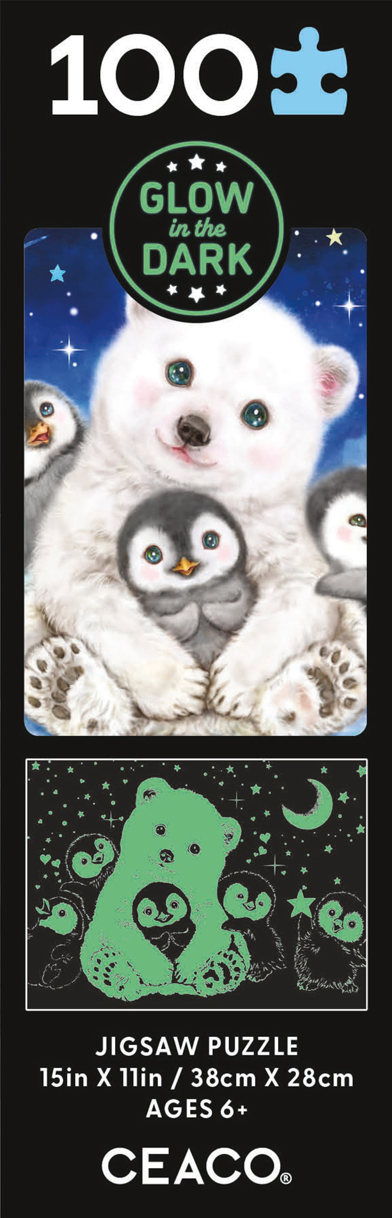 Ceaco Polar Bear and Penquins Glow in the Dark 100-Piece Interlocking Jigsaw Puzzle for Adults Ages 6+