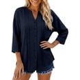 thumbnail image 2 of 3/4 Length Sleeve Womens Tops Cotton Linen V Neck Button Up Pleated Relaxed Fit Dressy Casual Office Work T Shirts, 2 of 5