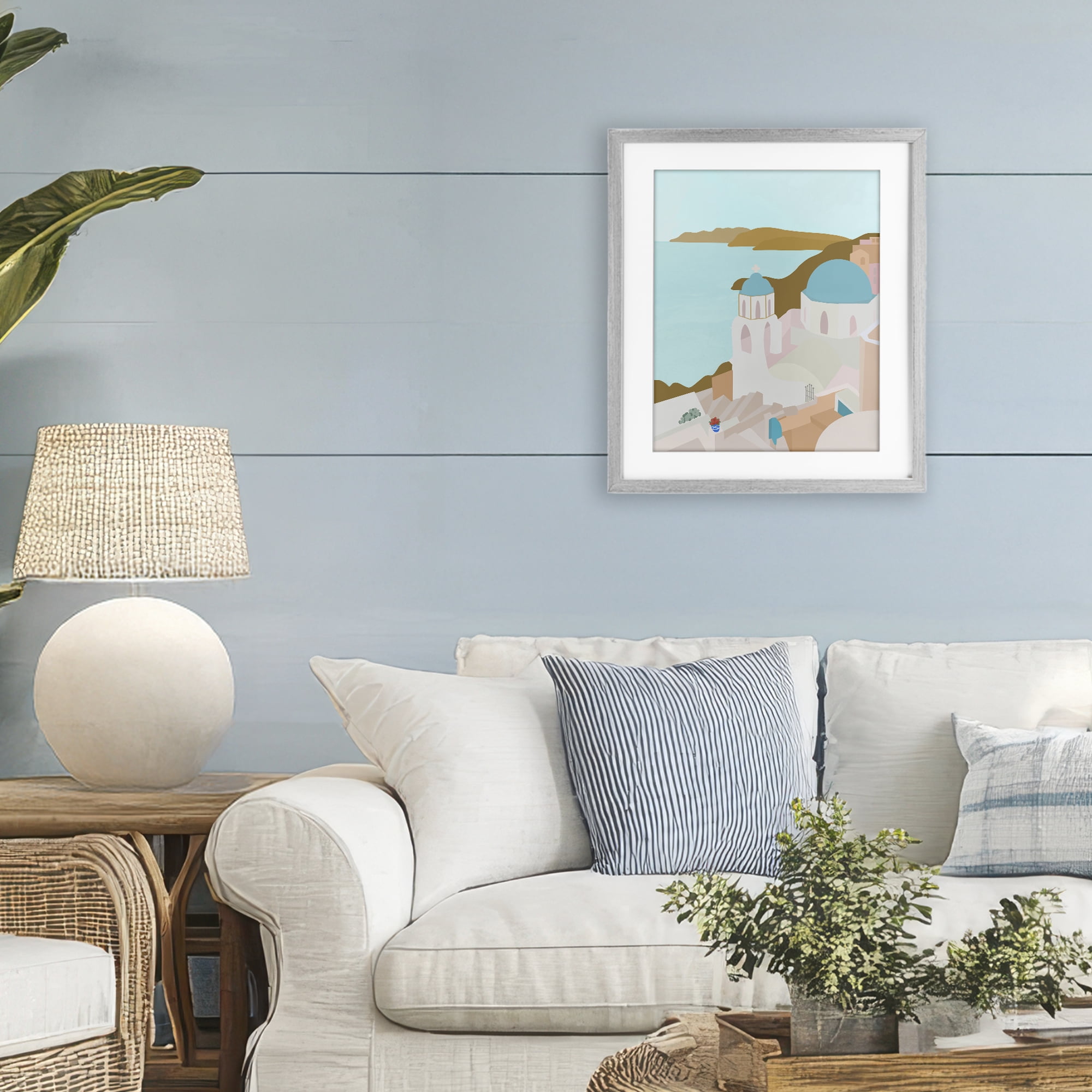Stupell Industries Coastal Santorini Vibes Gray Framed Print Under Glass, design by Anna Quach