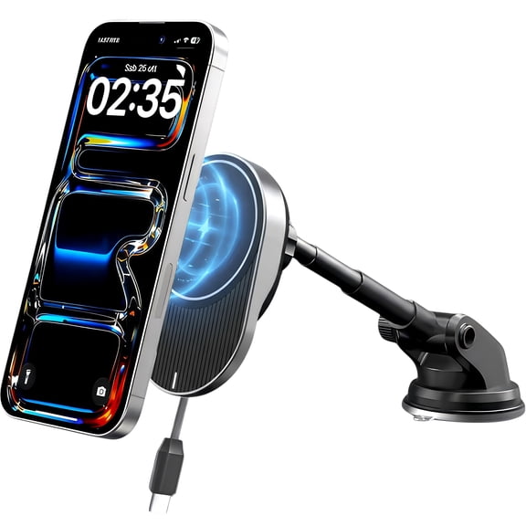 IJS Magnetic Wireless Car Charger with Built-in Retractable Cord and Extendable Windshield Dashboard Phone Mount, MagSafe Compatible, 15W