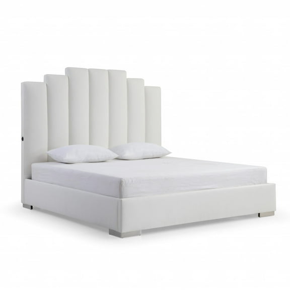HomeRoots 486082 67 x 64 x 87 in. Queen Size White Vertical Channel Faux Leather Bed with USB