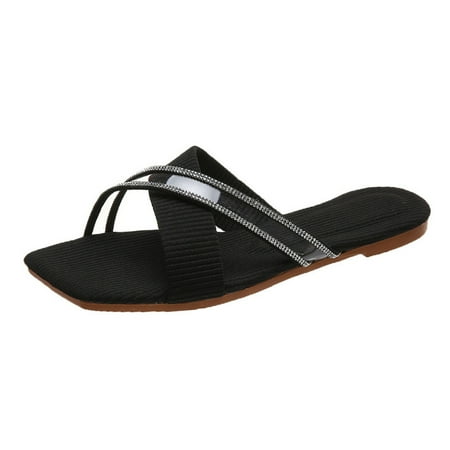 

Ladies Fashion Cloth Transparent Diamond Composite Ribbon Square Head Flat Casual Sandals
