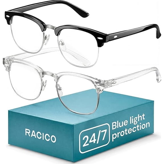 racico Blue Light Glasses for Men Computer - Gaming Blocking Anti Eyestrain UV Clear Lens Vintage Half Frame Fake Eyeglasses
